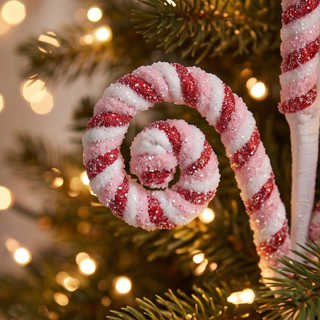 Peppermint Swirl Spray candy cane ornament with pink and white stripes and red glitter on a Christmas tree