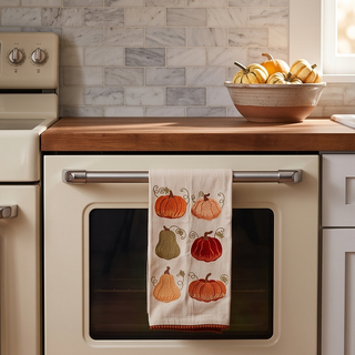 Autumn Pumpkin Dish Towel, cream with multicolor pumpkin prints for kitchen towels