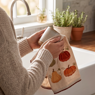 Autumn Pumpkin Dish Towel, beige kitchen towel with orange pumpkin print and pom-pom trim