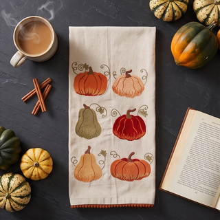 Autumn Pumpkin Dish Towel, cream kitchen towel with a vibrant four-pumpkin print and curling vine details.