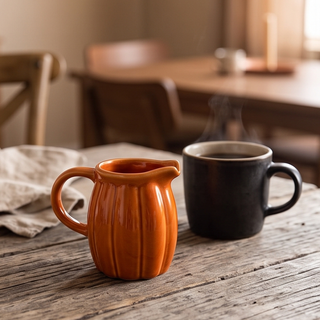Orange ceramic pumpkin creamer pitcher and black mug on a rustic wooden table.