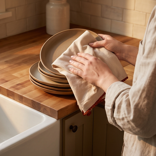 Mushroom dish towel, beige with orange fringe trim