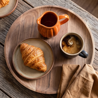 Orange ceramic pumpkin creamer pitcher with glossy glaze on round wooden tray beside a croissant and mug