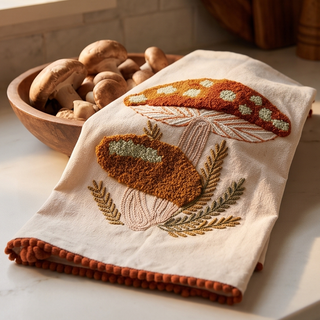 Mushroom dish towel with orange embroidered mushrooms and rust pom-pom trim