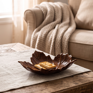 Burnt brown leaf plate ceramic dish on wooden table with two cookies.