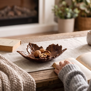 Burnt brown leaf plate, glazed ceramic with walnuts on a wooden table.