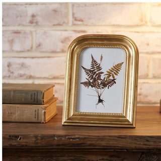 Gold-tone arched 5x7 picture frame with beaded inner edge, displaying fern print on a wooden table beside two vintage books.