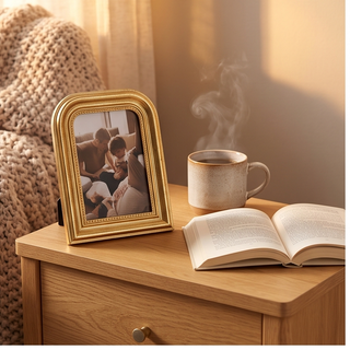Arched 5x7 picture frame with gold finish on a wooden nightstand beside a steaming mug and open book.