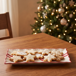 Red Bow Rectangle Plate with red border on wooden table, star and snowflake cookies arranged.