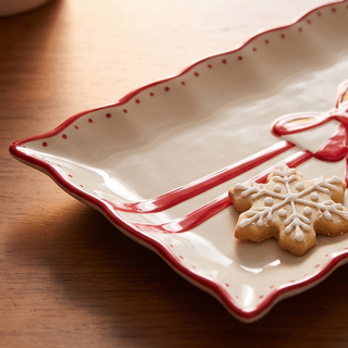 Rectangular ceramic plate with white glaze, red scalloped edge and dotted trim