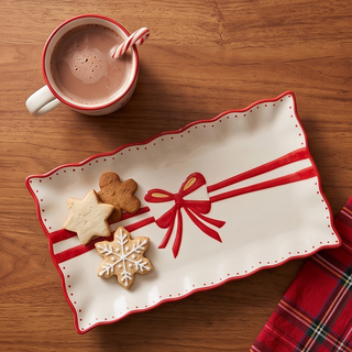 Red Bow Rectangle Plate, white with red border and bow, holiday cookies and cocoa