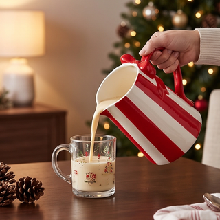 Striped bow pitcher, red and white ceramic serving pitcher pouring milk into a floral mug.