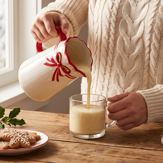 Red Bow Pitcher ceramic serving pitcher pouring creamy beverage into a glass mug; cookies on a plate nearby