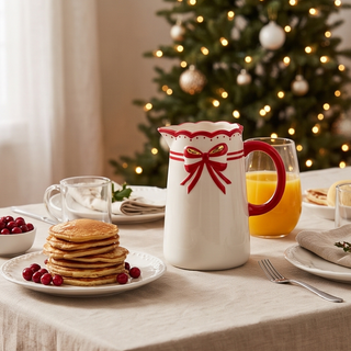 Red Bow Pitcher, white ceramic with red bow and red handle on a holiday table