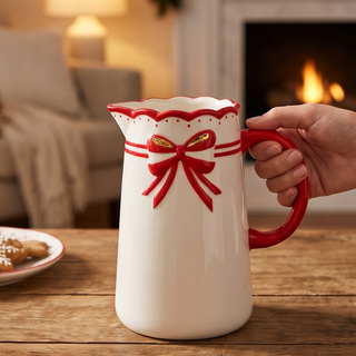 Red Bow Pitcher, white ceramic serving pitcher with red handle and bow trim