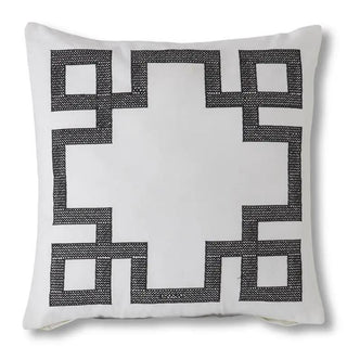 Square cotton-flax white pillow with black Greek key border