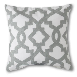 Square knit white pillow with gray geometric pattern, decorative throw cushion