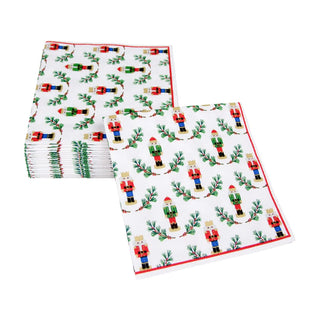 Cocktail napkin, Little Nutcracker pattern on white paper with colorful nutcrackers and pine sprigs, red border