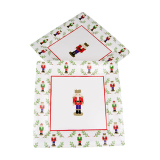 Little Nutcracker Square Dinner Plates - two square disposable plates with nutcracker motif and red border