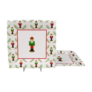 Square Little Nutcracker salad/dessert plates set; white with red frame and repeating nutcracker motif