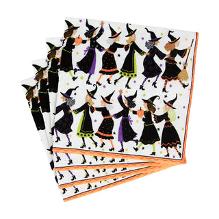 Cocktail napkins set of 3 with witches conga line pattern on white with orange trim