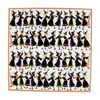 Cocktail napkin featuring a colorful witches' conga line pattern on white with an orange border