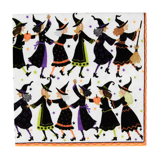 Cocktail napkin featuring a colorful Witches Conga Line dancing motif on white background.