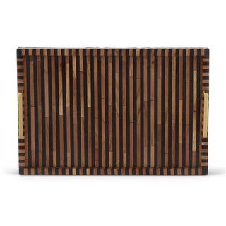 Rectangular wooden tile tray with brown and black vertical strips and gold-tone metal handles.