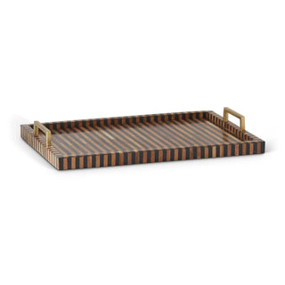 Rectangular brown-and-black striped tile tray with gold metal handles
