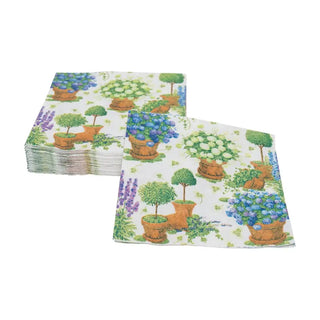 Cocktail napkins with potted hydrangeas in blue and green tones; stack of napkins.