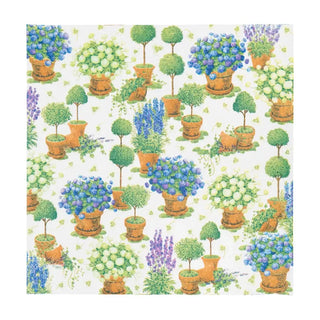 Cocktail napkin featuring potted hydrangeas in terra-cotta pots with blue, purple, and green blooms on white background