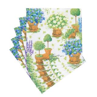 Cocktail napkins, set of 5, featuring potted hydrangeas in terracotta pots with blue and green blooms.