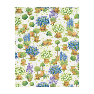 Guest towel napkin featuring potted hydrangeas in terracotta pots; multicolor greens and blues on white