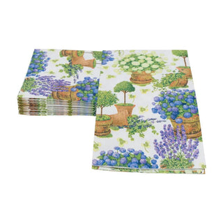Guest towel napkins with a potted hydrangea floral print in blue and green.