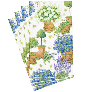 4-pack paper guest towel napkin set featuring potted hydrangeas in blue and green on white background