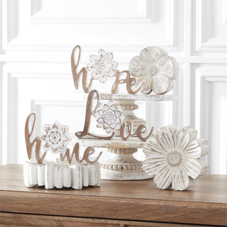 Whitewashed wood bead-trimmed risers, set of three for display.