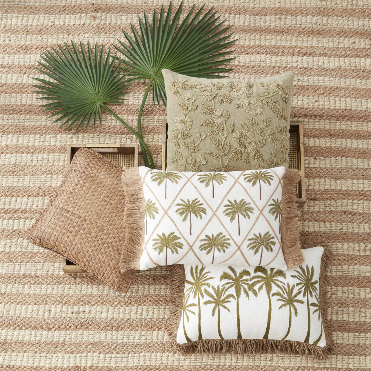 Cream Palm Tree Embroidered Rectangular Pillow  K&K   