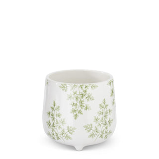 White dolomite plant pot with green foliage print and three small feet