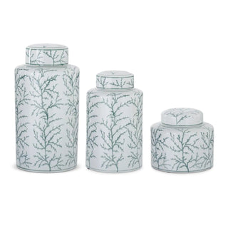 Ceramic ginger jars set of three in white with teal coral pattern and lids, varying heights