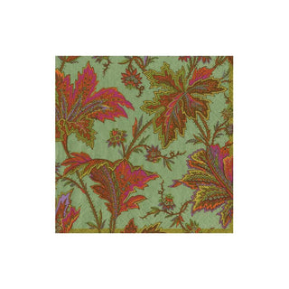 Cocktail napkin in sage green with multicolor paisley leaves pattern.