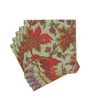 Cocktail napkins with bold paisley leaf design in red and orange on sage green.