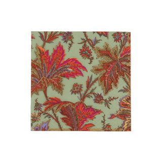 Cocktail napkin on sage green with bold Paisley Leaves pattern in red, orange and purple.