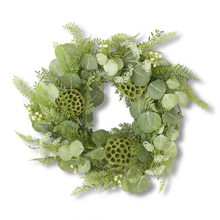 Eucalyptus Fern & Lotus Pod Wreath with green foliage and lotus pods.