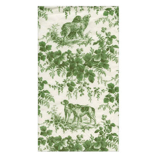 Guest towel napkin with green hunting toile motif of dogs and foliage on ivory background