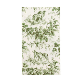 Guest towel napkin in green hunting toile evergreen pattern.
