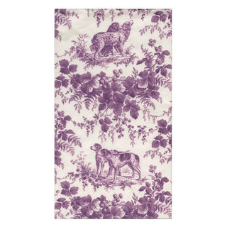 Guest towel napkin in aubergine hunting toile pattern with dogs and floral vines