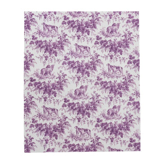 Guest towel napkin with aubergine hunting toile pattern on white background.