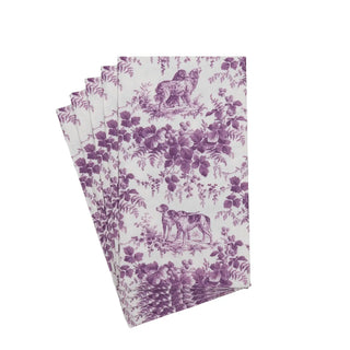 Guest towel napkin set of five in Hunting Toile Aubergine, purple-on-white toile pattern