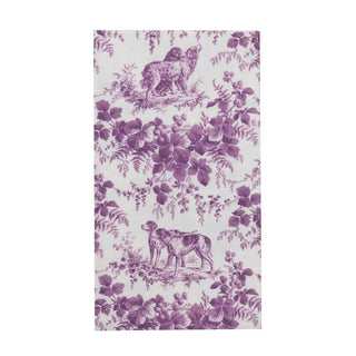 Guest towel napkin in aubergine hunting-toile motif with dogs and foliage