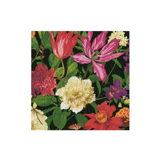 Cocktail napkin with a vibrant Dutch Floral pattern of red, pink, yellow flowers on a dark background.